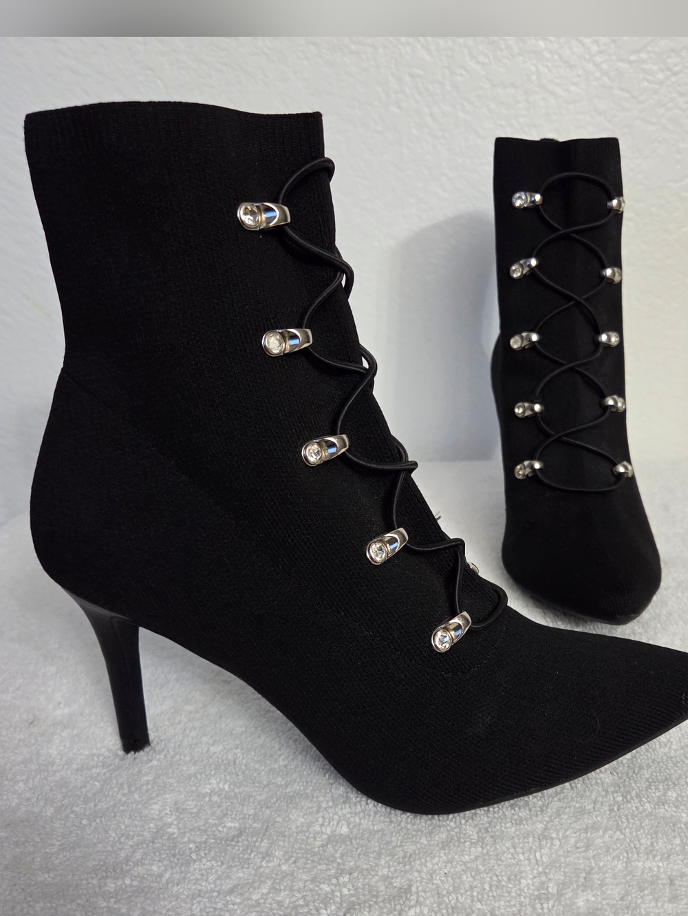 Sugar Tanikka Black Ankle Sock Rhinestone Stiletto Heel Booties Women's Size 7.5
